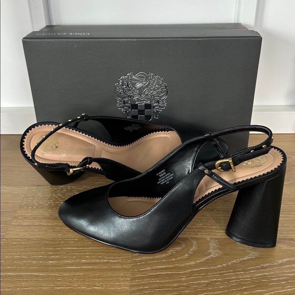 ♟️NIB♟️Vince Camuto Black Leather Slingback Heels With Gold Studs